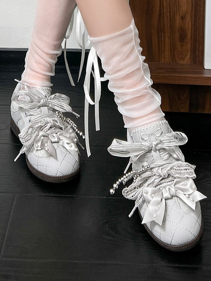 Ties Gray Beaded at Lace Sneakers Front Top Lace-up Decorated Bow