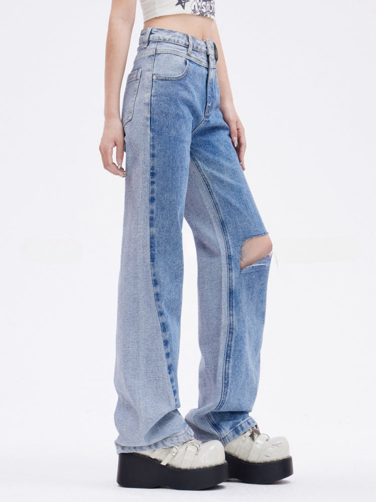 Blaue Jeans mit Löchern im Used-Look, schmale Passform, gerades Bein