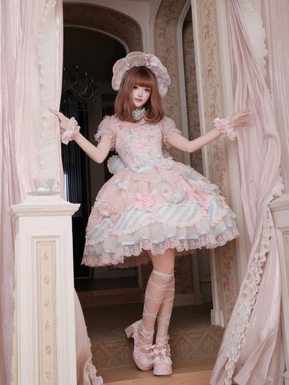 Pink & Blue Sheer Sleeves Tiered Sweet Lolita OP Dress with Bow and Candy Accents - Meng Fu Zi