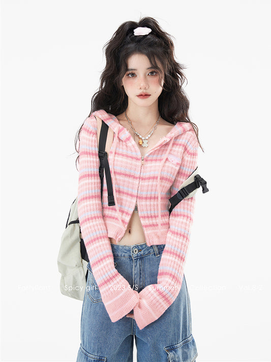 Schwarz gemusterter gestreifter Kapuzen-Cardigan / Pink