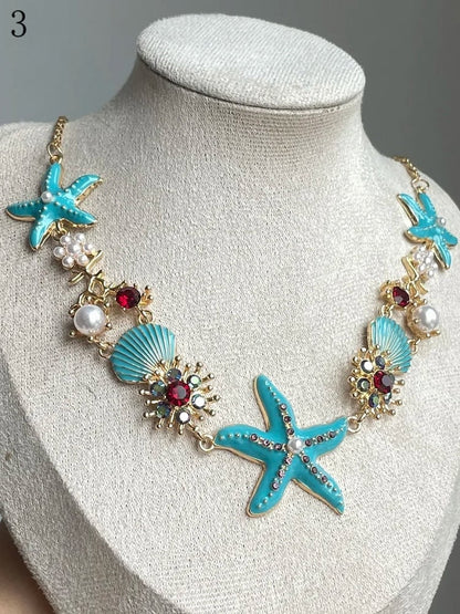 4 Muschel Y2K Seestern Armband/Halskette Bittersüße Optionen Strass verziert und