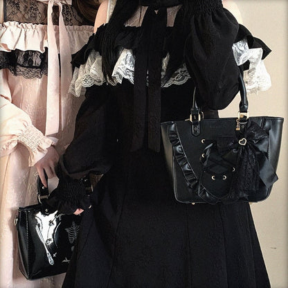 Jacquard Dress Rose Lace Black with Long-Sleeve Cutout and White Bow Jirai Shoulder Ruffled Kei