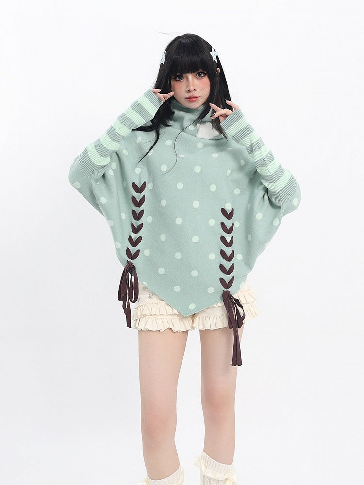 Mint Green Y2K Turtleneck Sweater with Polka Dots, Pointed Hem & Lace-Up - Catwish