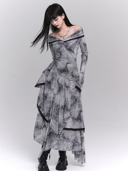 Purple/Dark Gray/Apricot Off-the-Shoulder Butterfly Print Twist Detail Dress