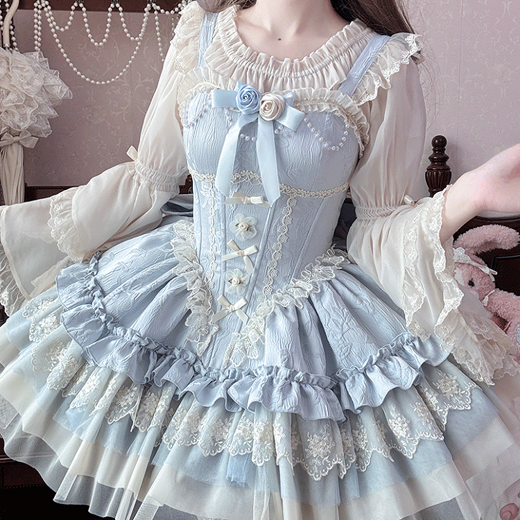 Neckline Apricot Elastic Layered Lace Cuffs Bell Sleeves Blouse