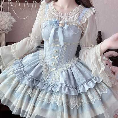 White Elastic Layered Lace Cuffs Bell Sleeves Blouse Neckline