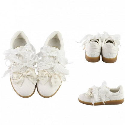 Ties Top Lace-up White Sneakers Lace at Bow Decorated Front Beaded