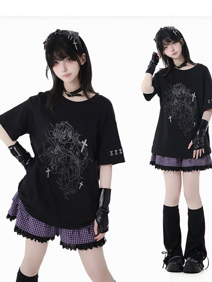 Print T-Shirt Angel Black Round Neck Reflective Cyber