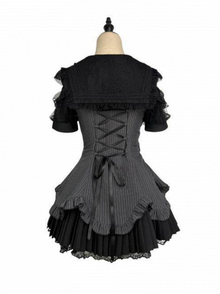 Striped Jirai Kei Sailor Collar Cutout Shoulder Pleated Dress in Black with Rhinestone Buttons Lace and Shorts - Broken Bear