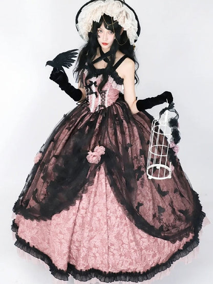 Floral Dark Bow Hime Details Dress Black Hanayome-style Pink Lace and Lolita with Embossed