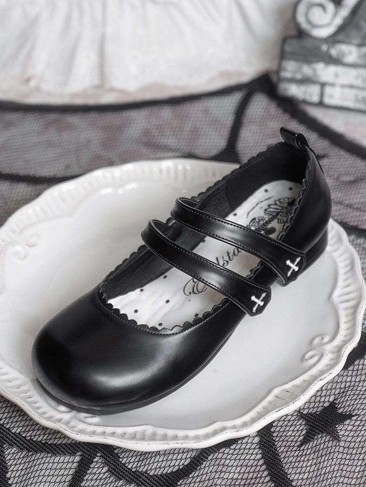 Flats Strap Embroidery Velcro Round Black Toe Cross Gothic Closures