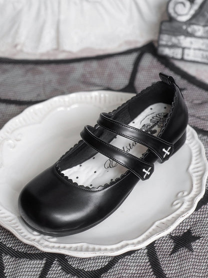 Flats Strap Embroidery Velcro Round Black Toe Cross Gothic Closures