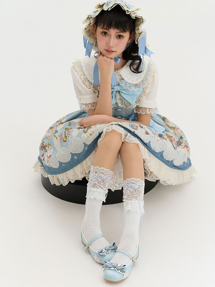 Blue Sweet Berry Low Heels in Lolita Style with Top Bow & Ring Buckle