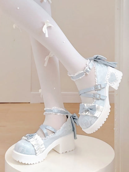 Baby Blue Sweet Lolita Mid Heels - Ornate Crystal Fastener, Ruffle Details & Crisscross Design