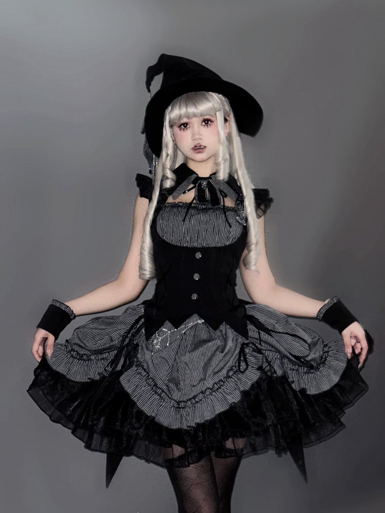 Halloween Hem Gray and Dress Black Boned Drawstring Pattern Lolita Striped Gothic Waist