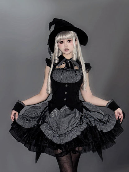 Halloween Hem Gray and Dress Black Boned Drawstring Pattern Lolita Striped Gothic Waist