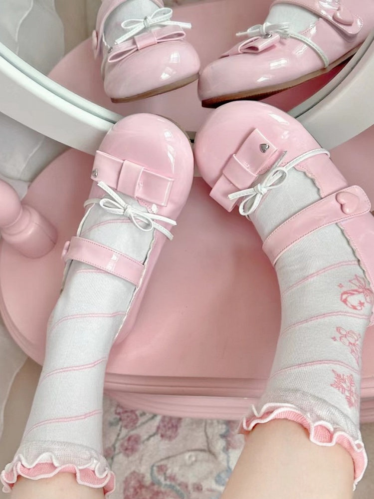 Socks Sweet Christmas Print Pink Snowflake Lolita Calf