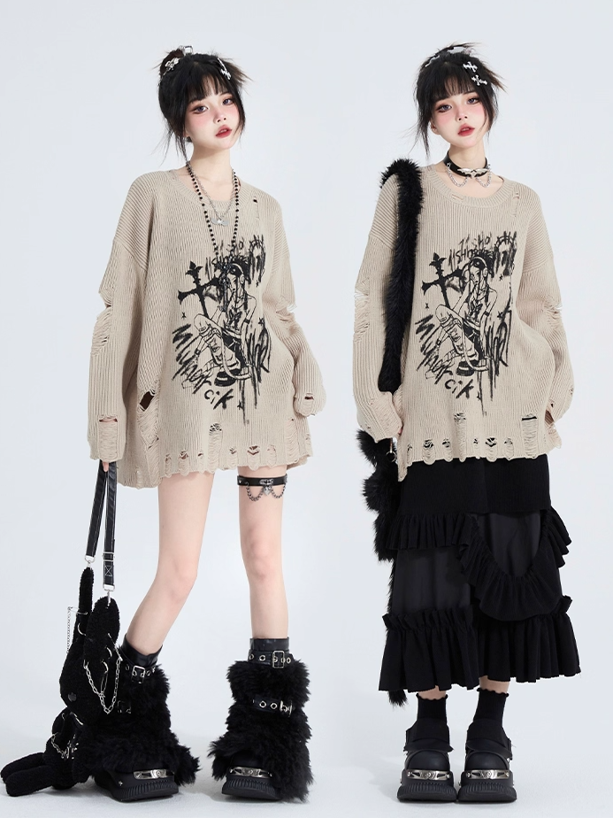 Khaki Fit with Distressed Girl Holes Print Top Relaxed Knit Anime