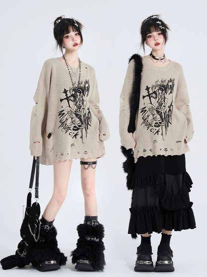 Khaki Fit with Distressed Girl Holes Print Top Relaxed Knit Anime