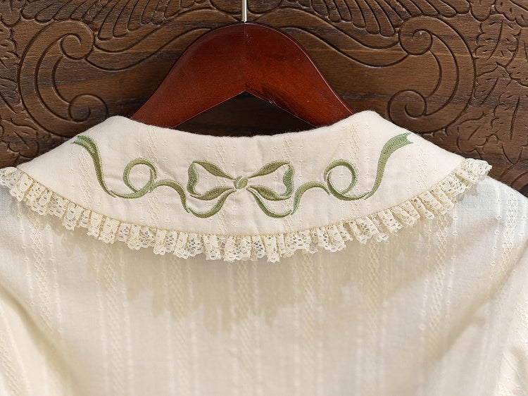 Green Apple Embroidery Collar Cream Short Sleeve Top - Dream Magic Box