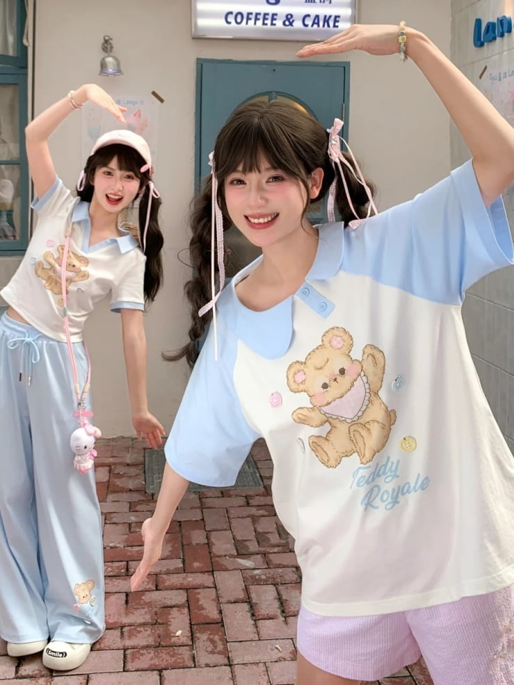 青と白のアシンメトリーピーターパンカラーベアプリントTシャツロングバージョン