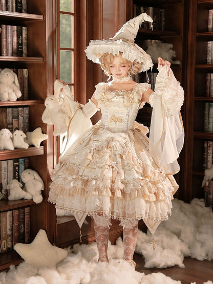 Witch-Themed Cross Accent Lolita JSK Full Ensemble in White and Gold with Oversized Bow Train, Cape, Detachable Sleeves, Hat and Outer Sleeves - Felinae Cookie