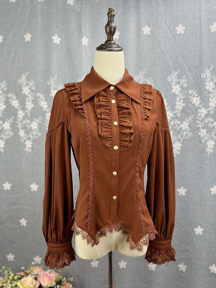 コーヒー色のエレガントなポインテッドカラーの長袖シャツ