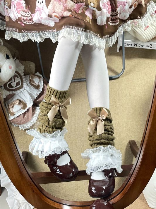 Warmers Bow with Leg Ribbed Khaki Knit Lace