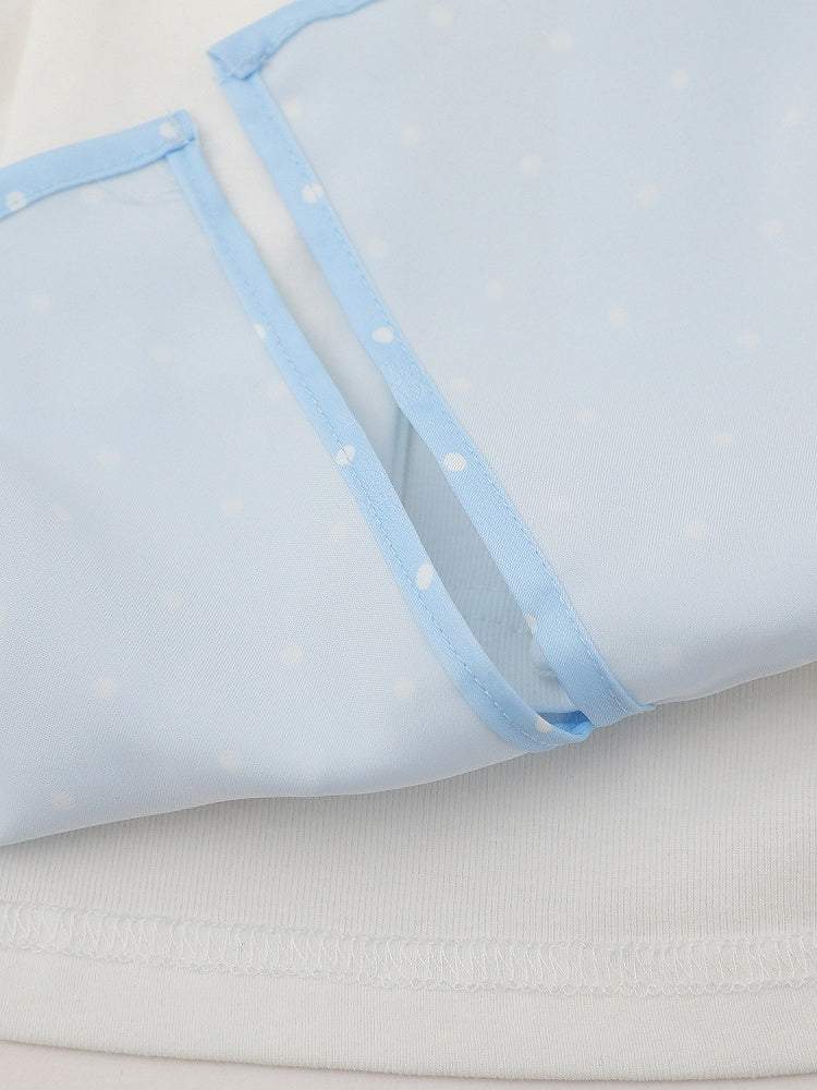Tie-Detail Waist-Cinched Faux Layered Top in Blue and White Dot Print - Languid Park