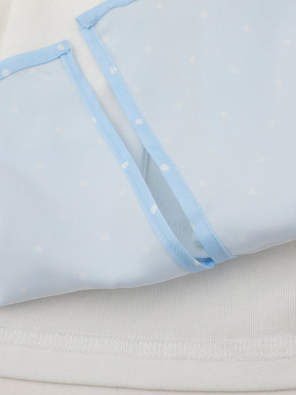 Tie-Detail Waist-Cinched Faux Layered Top in Blue and White Dot Print - Languid Park