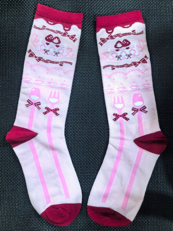 Cute Pink Lolita Calf Socks with Bow Print Pattern - The Private Collection of Xiaowanzi