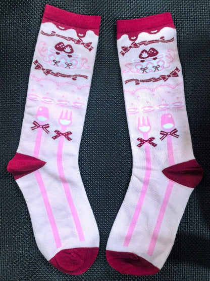 Cute Pink Lolita Calf Socks with Bow Print Pattern - The Private Collection of Xiaowanzi