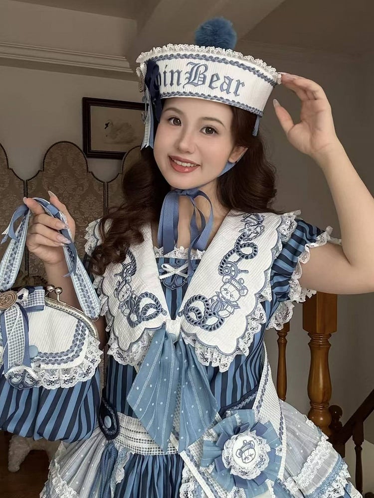 Striped Low Waist Sailor Dress with Blue Embroidery - Twin Bear Original Design