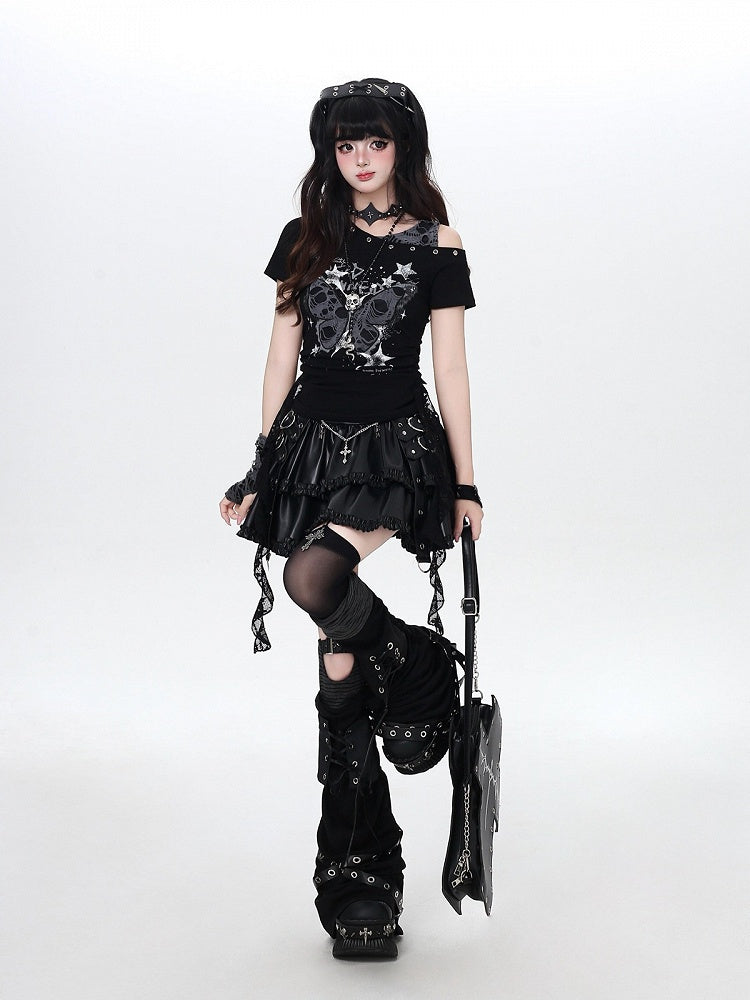 Black Off Shoulder Distressed Butterfly Two Piece Tee