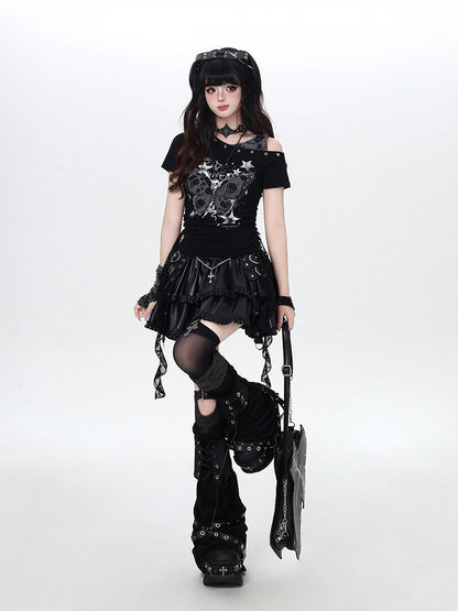 Black Off Shoulder Distressed Butterfly Two Piece Tee