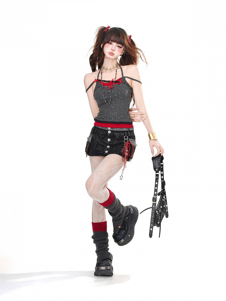 Grau/weißes Neckholder-Camisole mit Schleifendetails, zweiteilig, glamourös