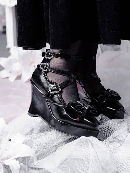 Elegant Gothic Lolita Black Shoes with Butterfly Bow & 10cm Slope Heel - sphenoid