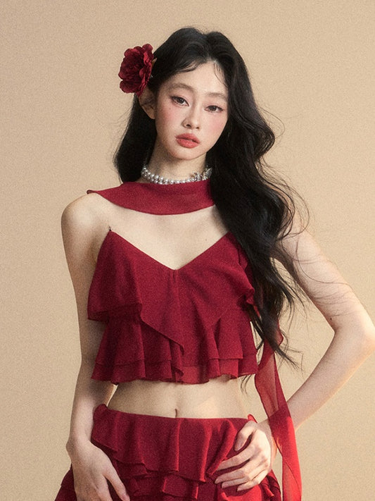 Scarf Red Chiffon V-Neck with Tiered Free Ruffles Cropped Cami Top