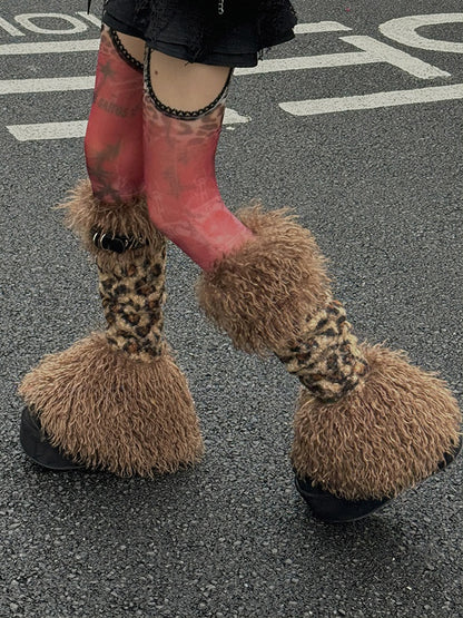 Brown Leopard Stud Buckle Straps Shaggy Leg Warmers