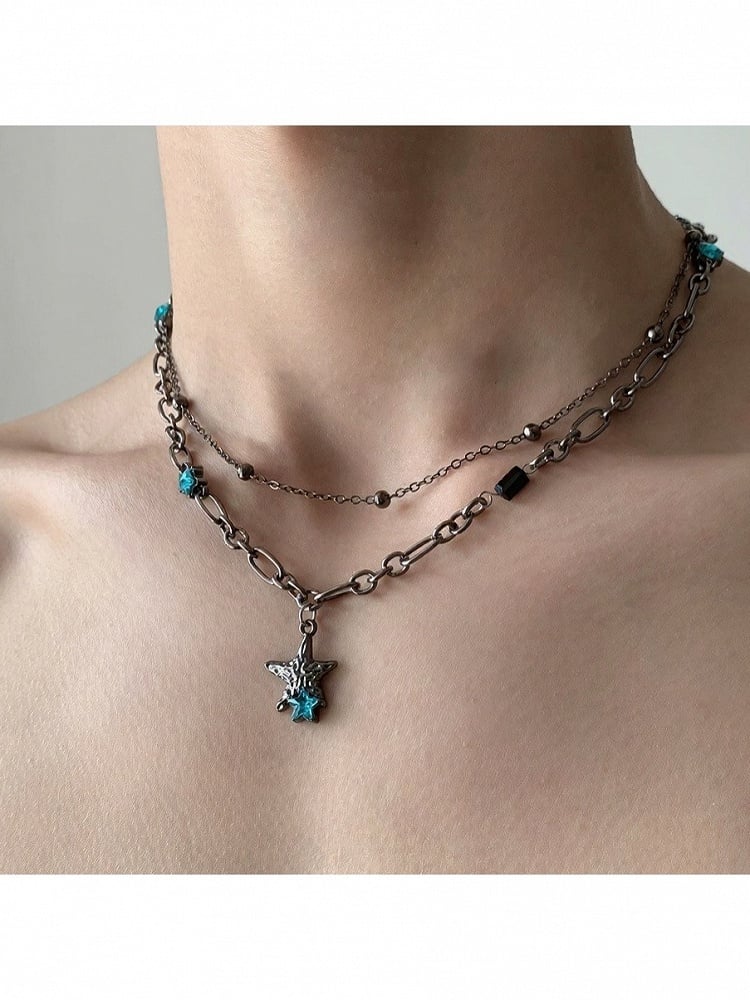 Sapphire Rhinestone Star Bead Chain Necklace - YSHXS