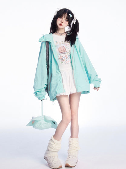 ホワイトラウンドネックかわいい漫画プリントTシャツ