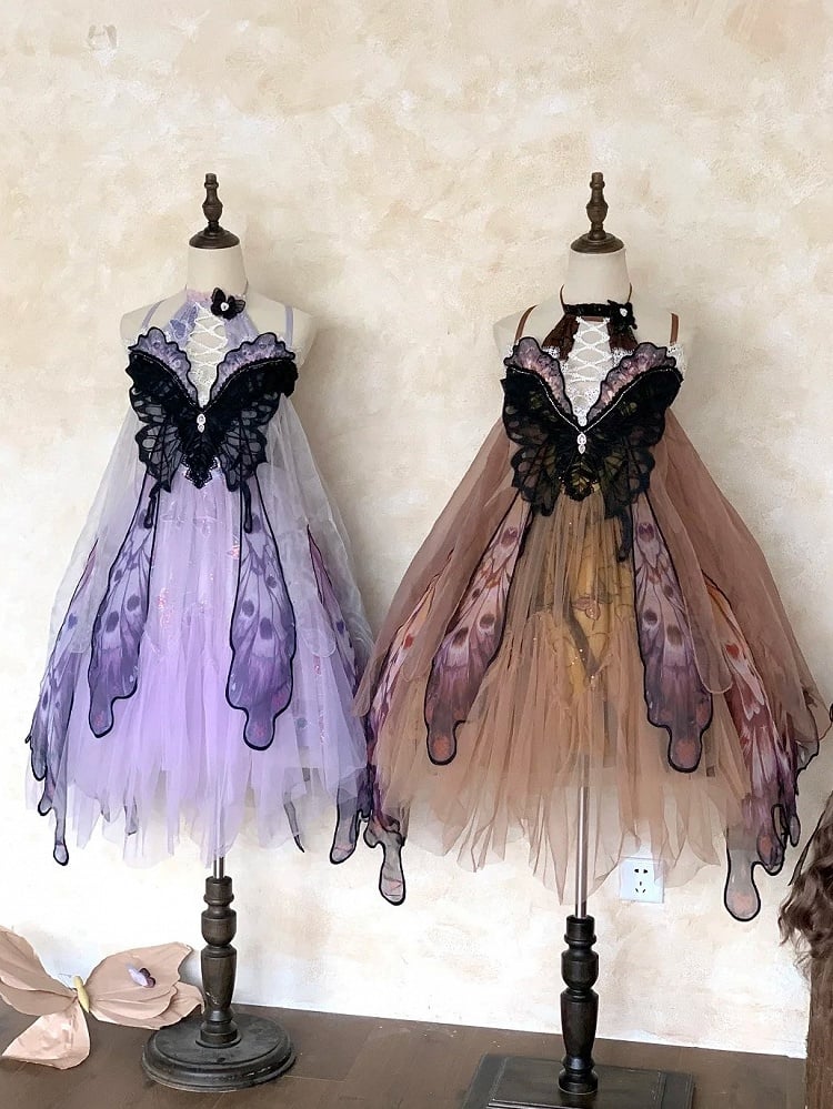 Black & Orange Butterfly Applique Gothic Lolita Dress with Butterfly Wing Hem Design