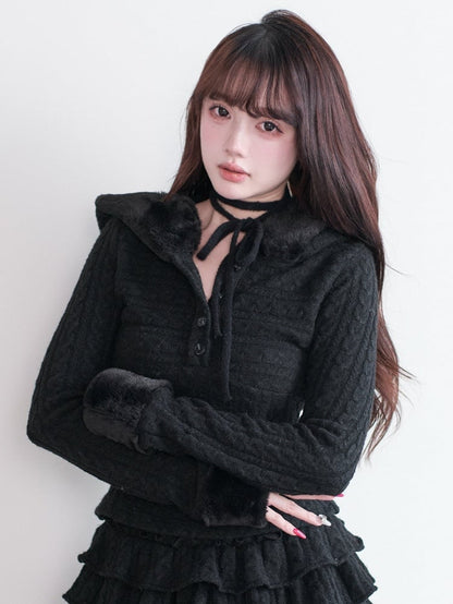 Fur Halter Hooded Kei and Knit Cuffs Design Faux with Jirai Black Tie Top Style Pure