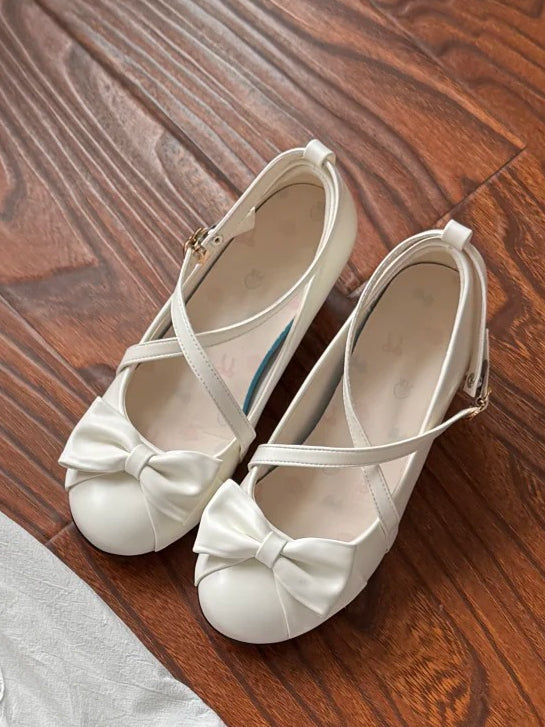 Mary Heeled at 6cm Top Crisscross PU White Janes Bow Elegant Design -