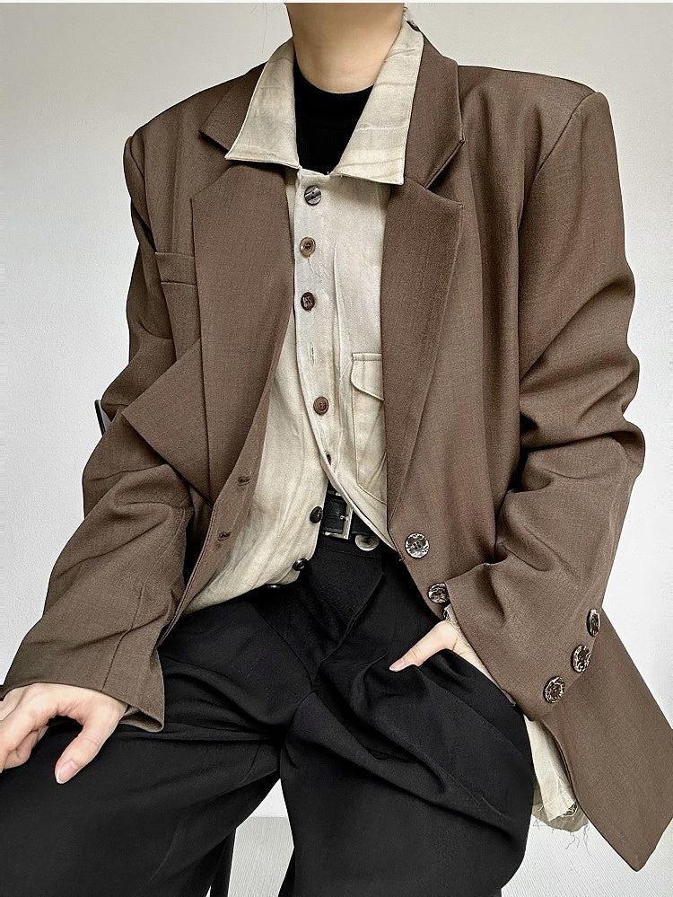 Notched Ouji Cuffs Unisex Collar Lolita Vintage Blazer with Button Coffee
