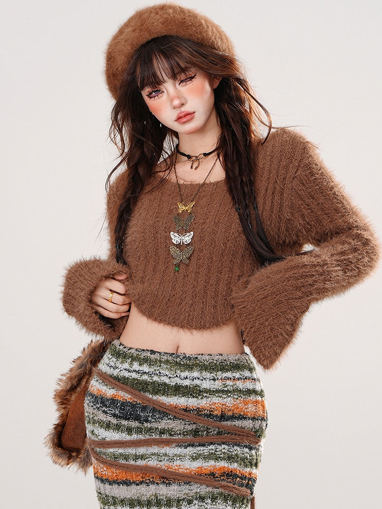 Brown Round Neck Cropped Sweater Pompom Details Striped Knit Bodycon Skirt Set