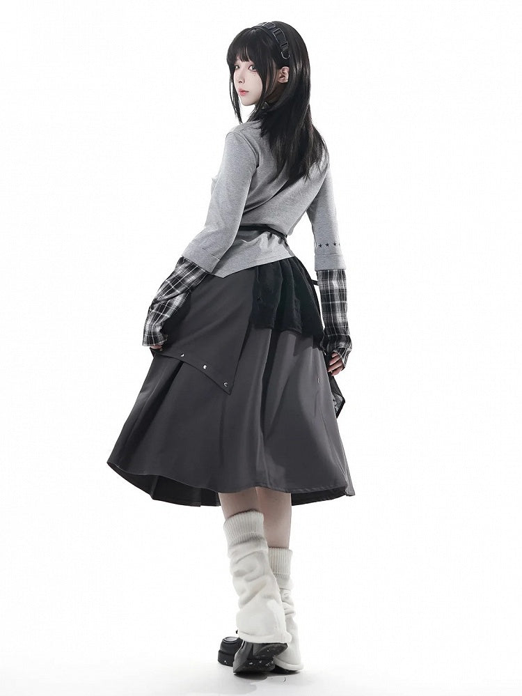 Pleated Metal and Hem with Waist Asymmetrical Elastic Studs Skirt Grey