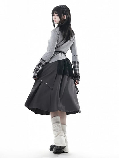 Pleated Metal and Hem with Waist Asymmetrical Elastic Studs Skirt Grey