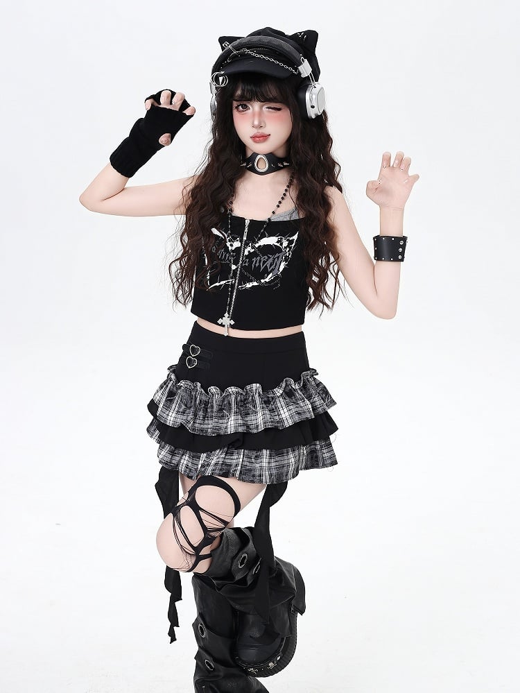 Buckles Ruffles Skirt Tiered Spicy Heart with White Cascading Sweet Mini Black Plaid