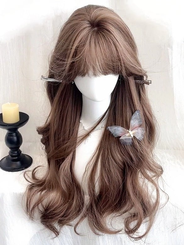 Honey Tea 70cm Full Bangs Long Wavy Curly Wig - Meow Island Wig